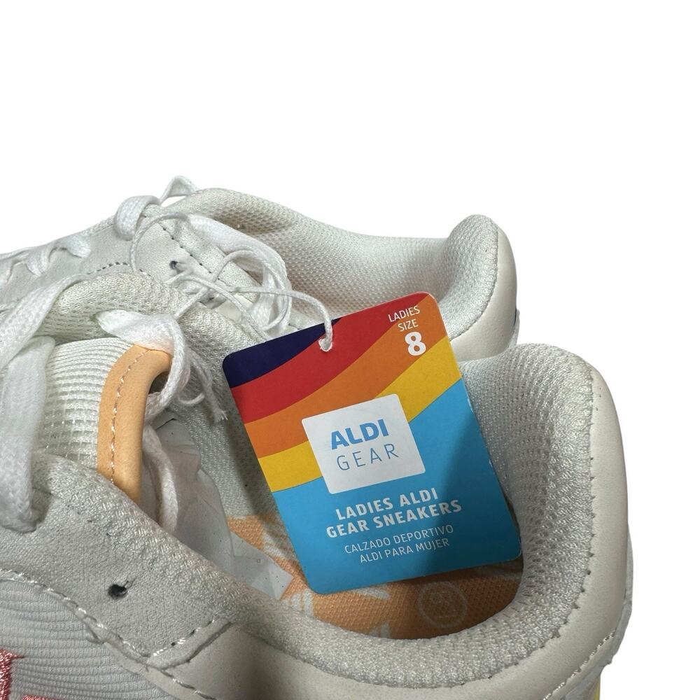 NEW Aldi Gear Womens 8 Sneakers White Colorful Logo Retro Inspired Memory Foam - Picture 2 of 8